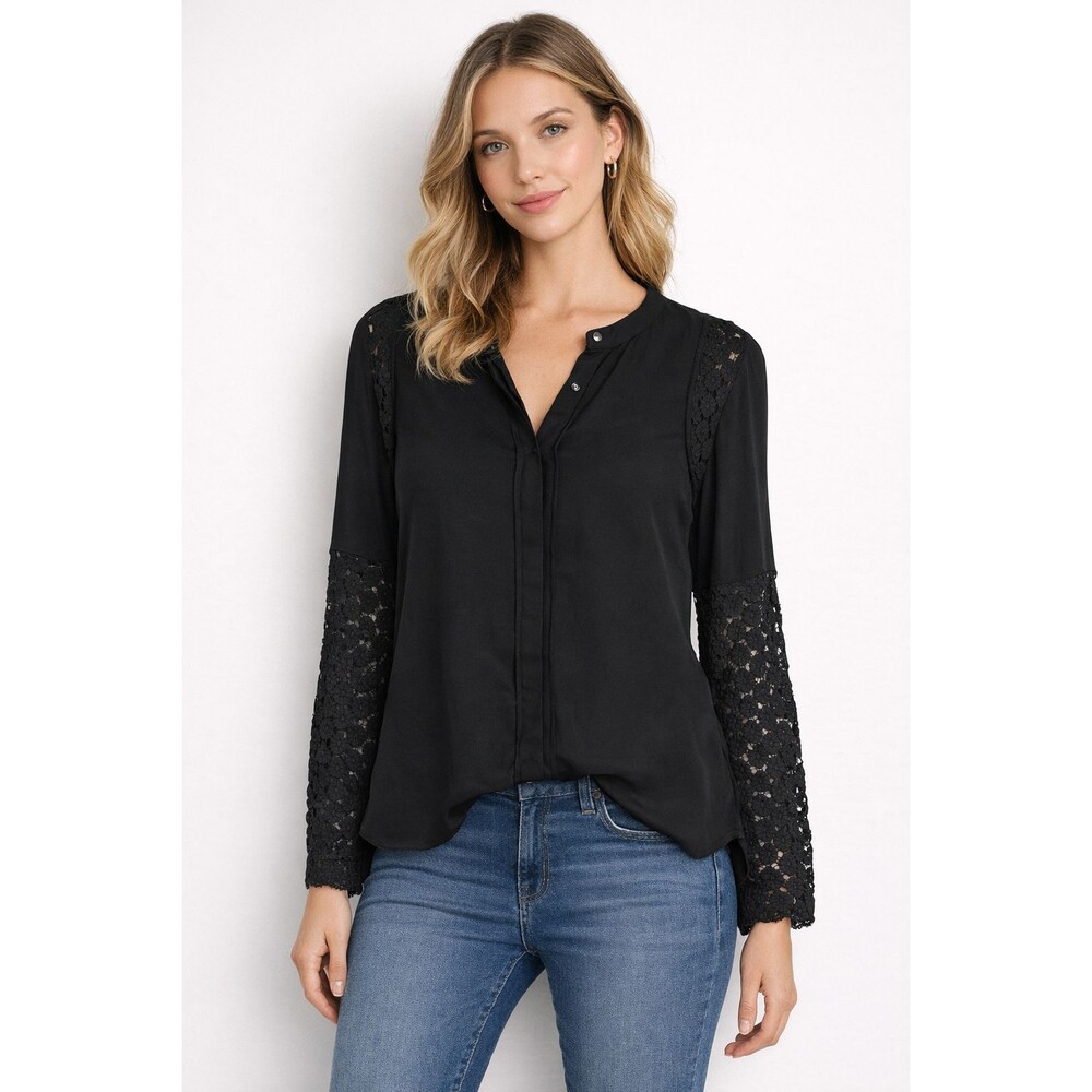 J Crew Silk Georgette Blouse Size 2 Black Lace Sleeves